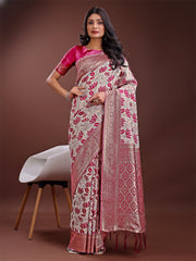 Stunning Beige & Red Linen Saree with Floral Print and Rich Zari Pallu – Festive & Traditional Wear