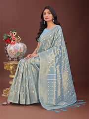 Elegant Light Green Linen Saree with Silver Zari Butta & Pallu – Daily Wear | Festive Look | Soft Feel
