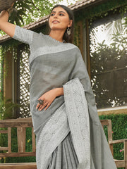 Linen Cotton Saree with Intricate Woven Border & Contrast Pallu | Soft Lightweight Traditional Drape | Tassel Edge | Unstitched Blouse Piece