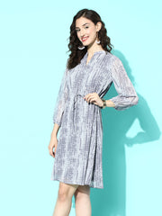 Varanga Women Grey Abstract Printed Mandarin Collar Dress With Three Quarter Sleeves