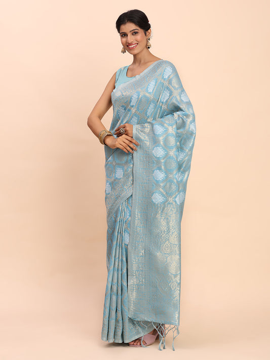 Sky Blue Linen Cotton Saree with Silver Zari Weave & Tassels – Festive & Elegant Office Wear