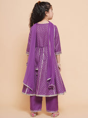 Girls Purple Ethnic Motifs foil Printed Angrakha Kurta with Trouser & Dupatta