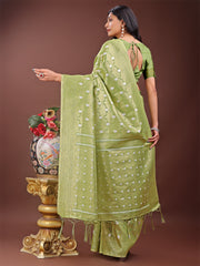 Elegant Light Green Linen Saree with Silver Zari Butta & Pallu – Daily Wear | Festive Look | Soft Feel