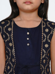 Cotton Blend Woven Sleeveless Self Design Flared Frock - Blue