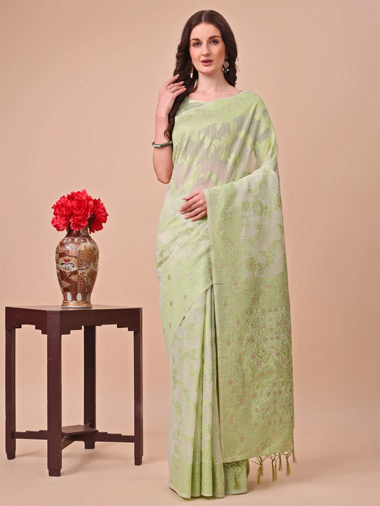 Banarasi Cotton Saree with Floral Zari Work and Traditional Pallu - Elegant Ethnic Wear for Festivals & Ceremonies