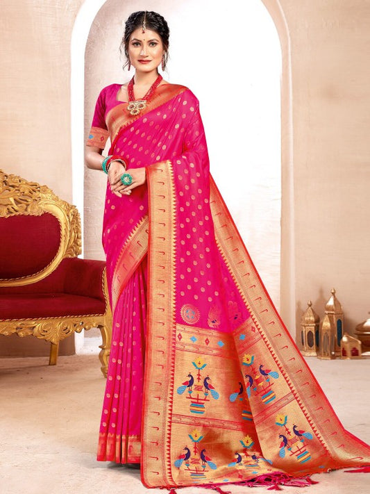 Pink Kanjivaram Silk Saree with Golden Zari and Colorful Peacock Woven Pallu Design