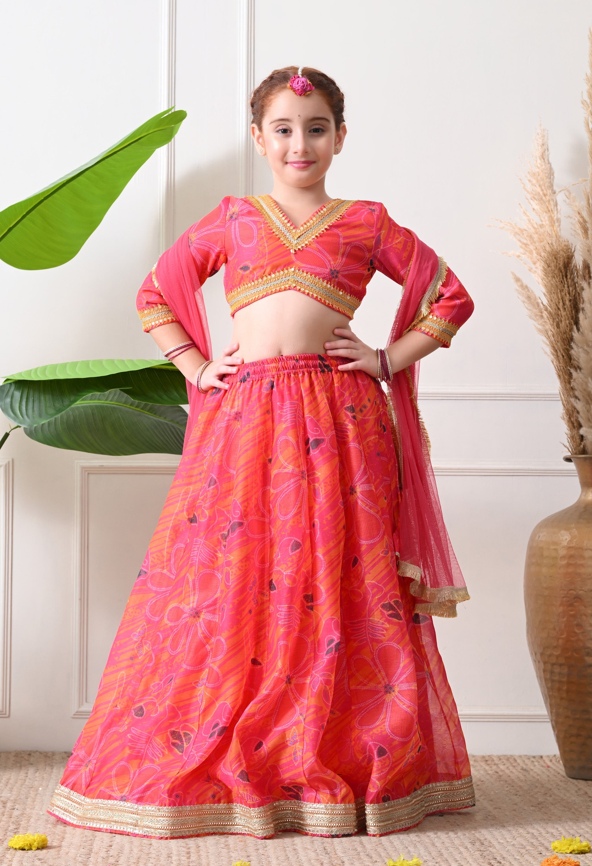 Girls Pink Printed Lehenga Choli Set with Dupatta Festive Ethnic Wear