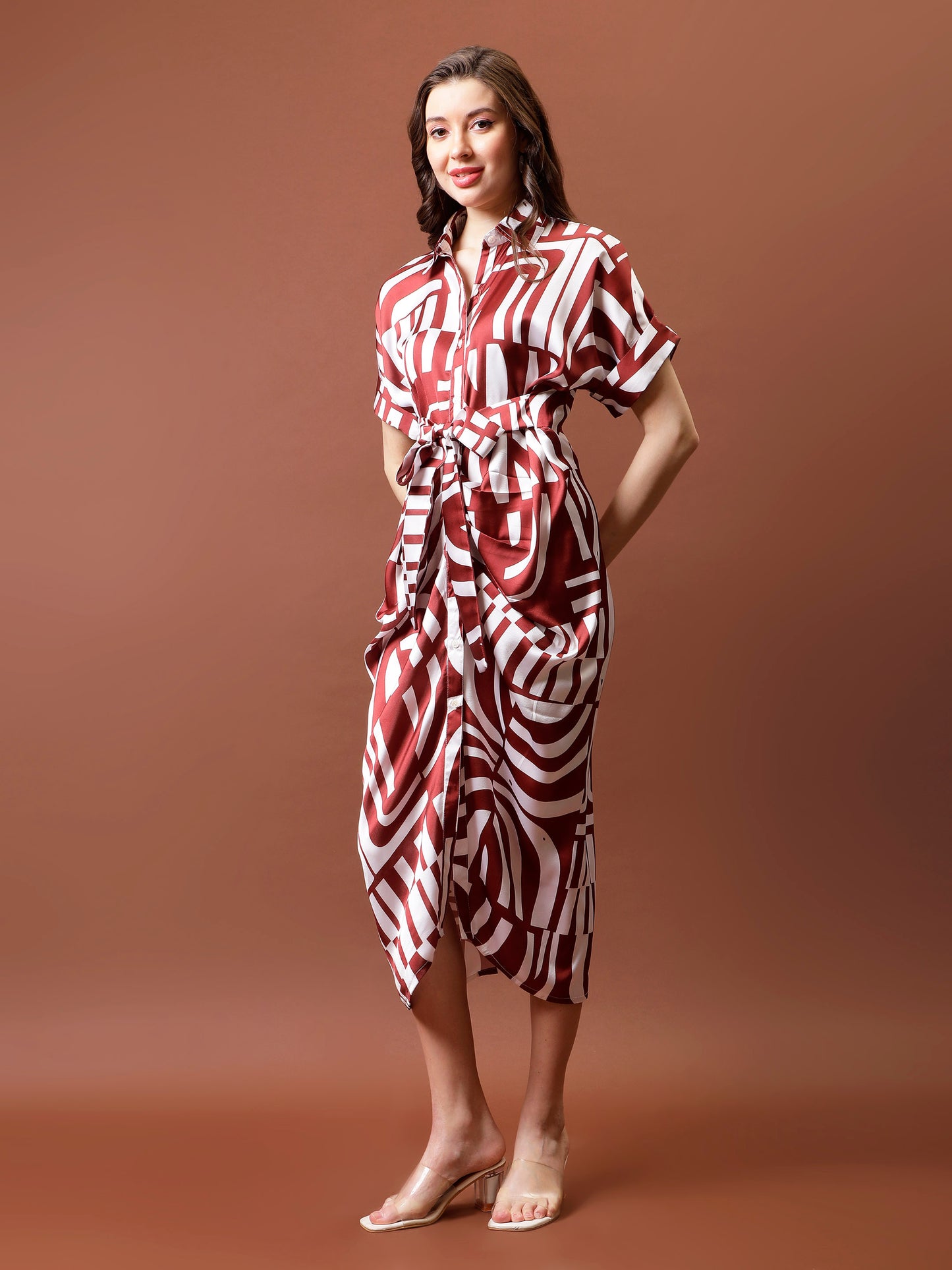 Printed Satin Shirt Collar Shirt Midi Dress