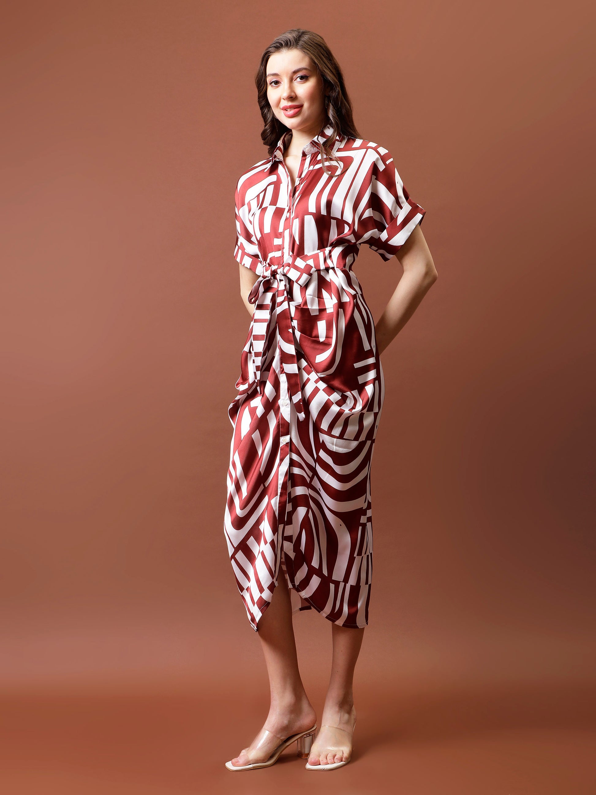 Printed Satin Shirt Collar Shirt Midi Dress