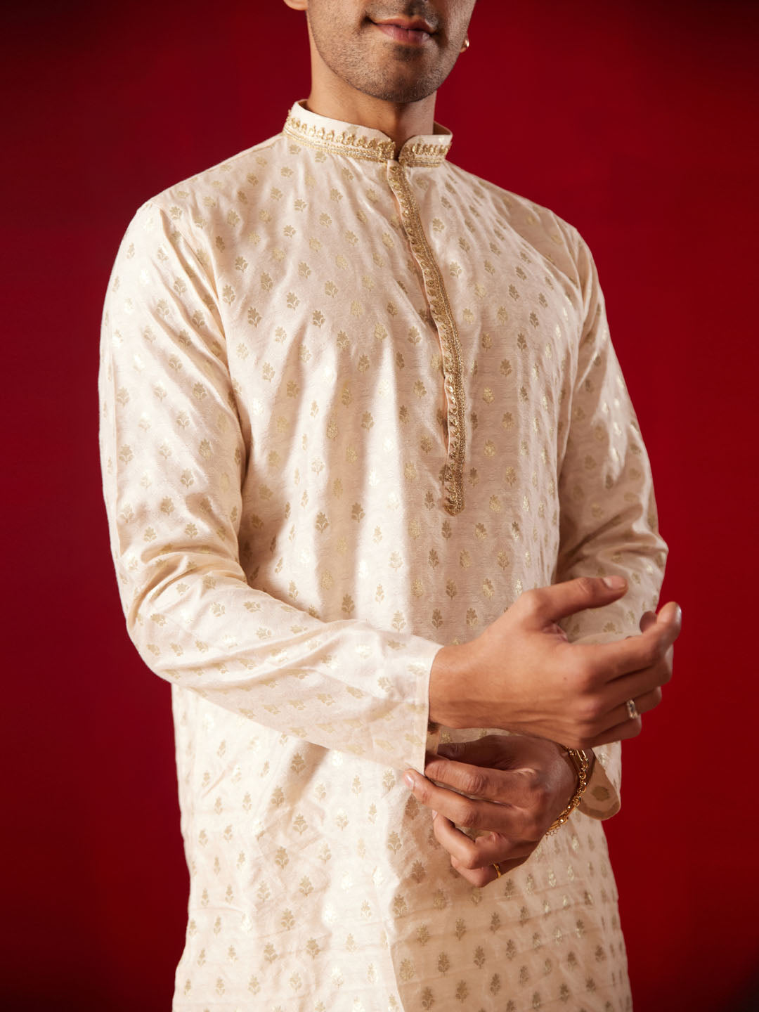 Vastramay - Men's Peach Silk Blend Kurta Only
