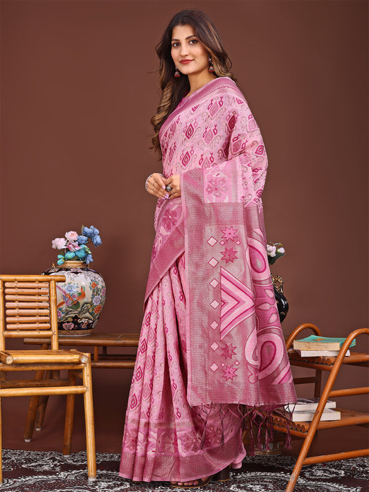 Grace in Every Thread: Pink Patola Linen Cotton Saree Woven with Cultural Elegance