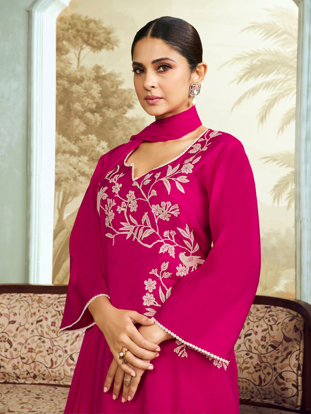 Pink Embroidered Straight Kurta Set With Dupatta.