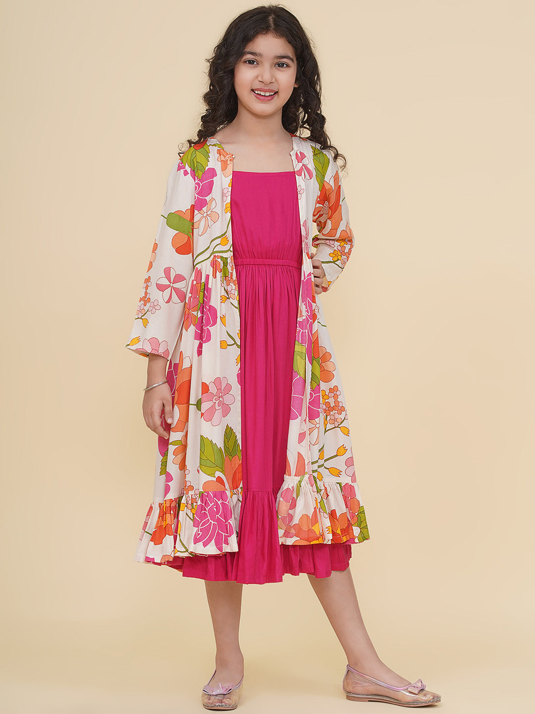 Cotton Woven Three Fourth Sleeves Floral Print Fit And Flare Ethnic Dress With Jacket - Pink