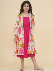 Cotton Woven Three Fourth Sleeves Floral Print Fit And Flare Ethnic Dress With Jacket - Pink