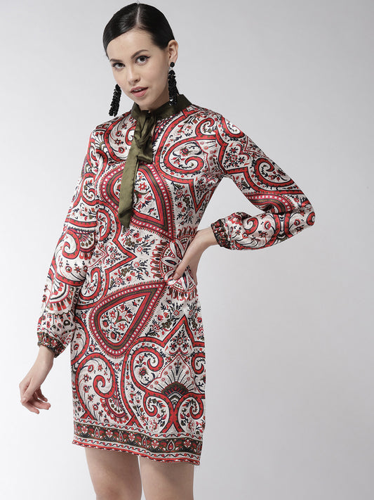 Women's Red Paisley Print Olive Necktie Dress