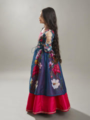 Girls Pink & Terquois Blue Digital Print Ready to Wear Lehenga With Choli