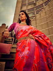 Women's Satin Silk Red Woven Design Designer Saree With Blouse Piece