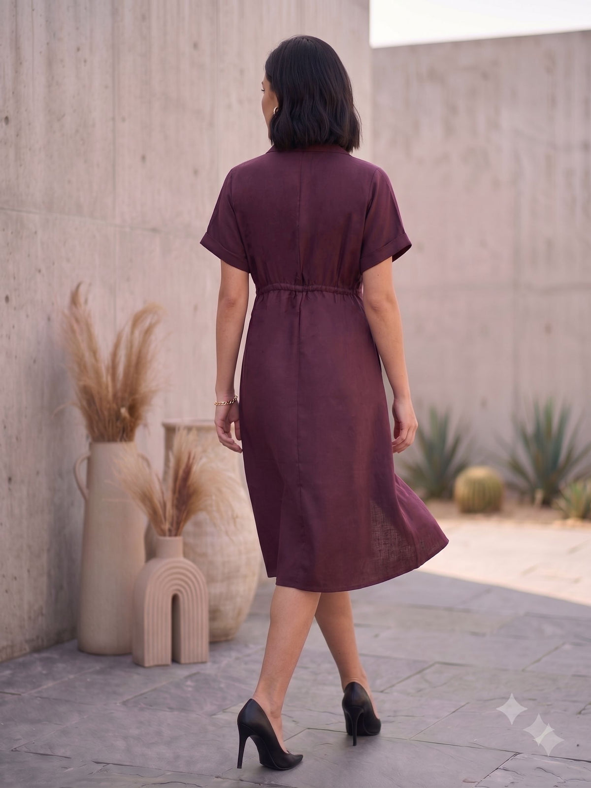 Burgundy Lapel Collar Embellished Dress-ADR-21217