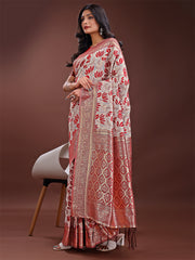 Stunning Beige & Red Linen Saree with Floral Print and Rich Zari Pallu – Festive & Traditional Wear