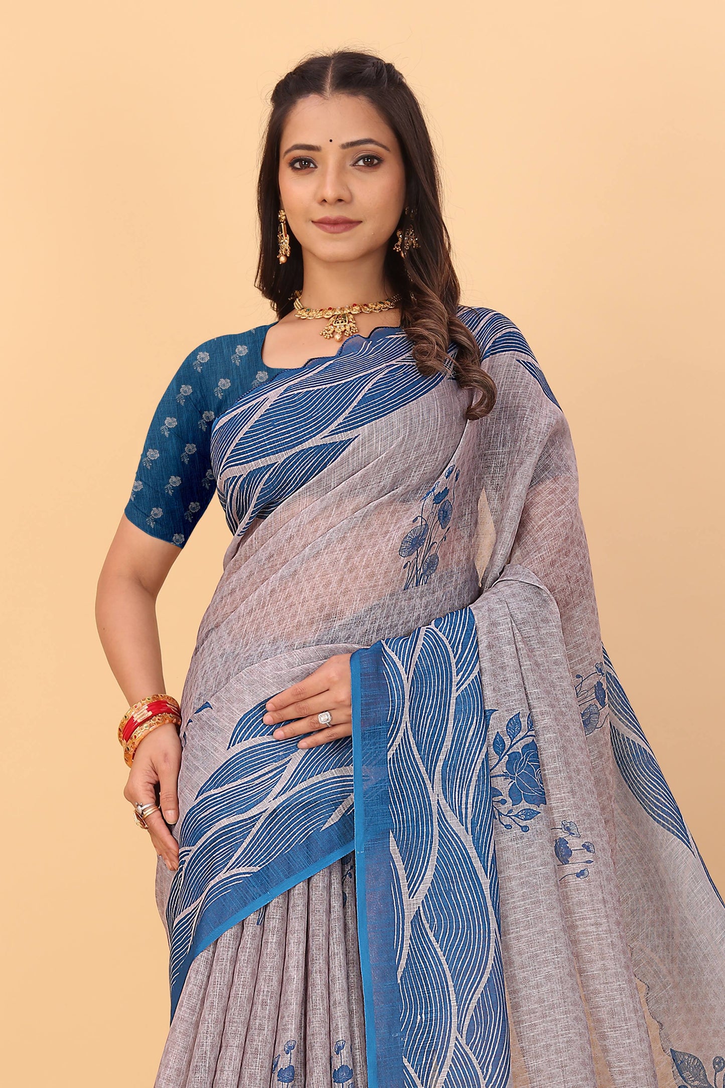 Soft linen saree with shaded style prints and cutwork
