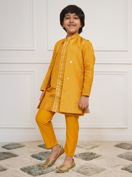 Boys' Mustard Jacket, Kurta and Pyjama Set