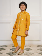 Boys' Mustard Jacket, Kurta and Pyjama Set