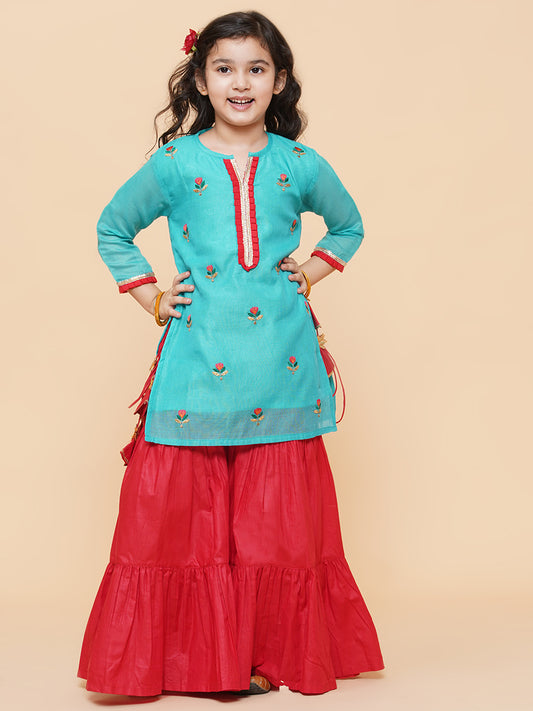 Silk blend Woven Three-Quarter Sleeves Embroidered A Line Kurta And Sharara Set - Sea Green
