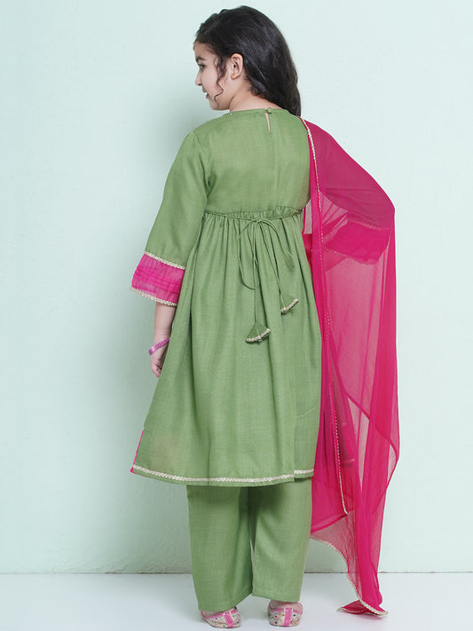 Girls Green Embroidered Alia Design Kurta With Trousers With dupatta