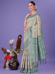 Cream & Green Lichi Silk Saree with Rich Woven Border and Zigzag Pattern – Wedding & Festive Wear