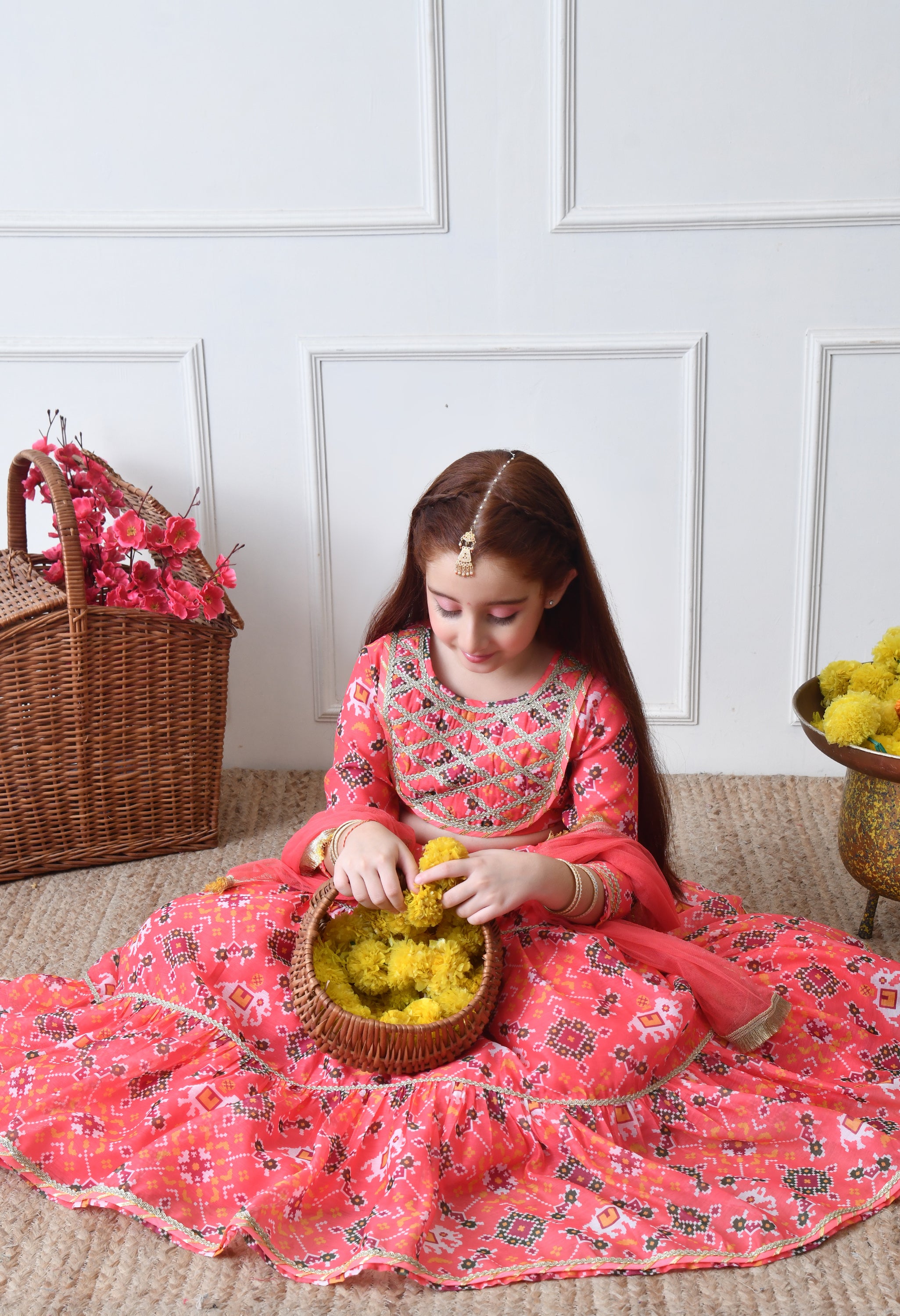 Girls Peach Printed Lehenga Choli Set with Embroidered Yoke and Dupatta