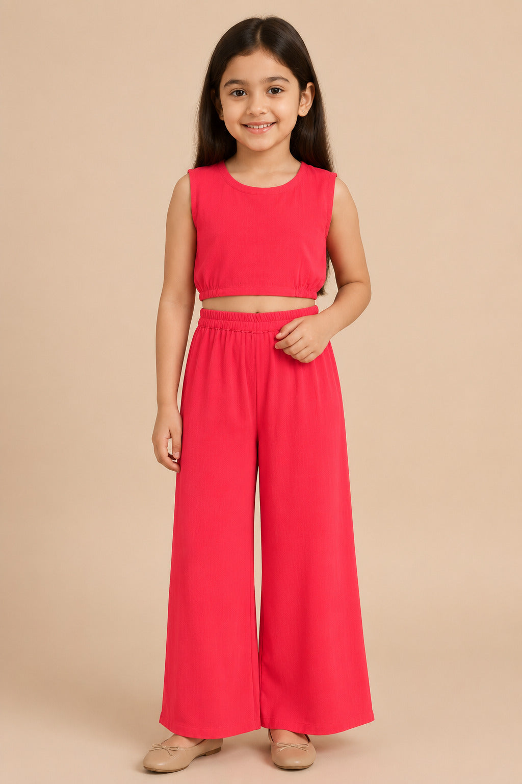 Girls Red Top With Matching Plazzo & Printed Jacket