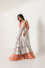 Scarlet Orange Bralette & Pista Green Ruffle Saree