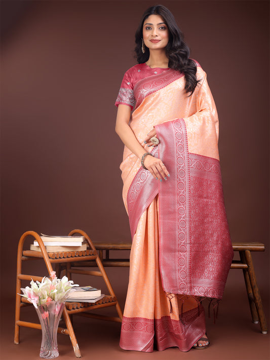 Graceful Orange & Maroon Banarasi Silk Saree with Rich Zari Woven Border – Traditional Elegance for Celebrations