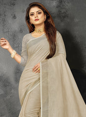 Elegant Peach Woven Linen Saree with Contrast Zari Border & Tassels – Soft & Breathable Party Wear