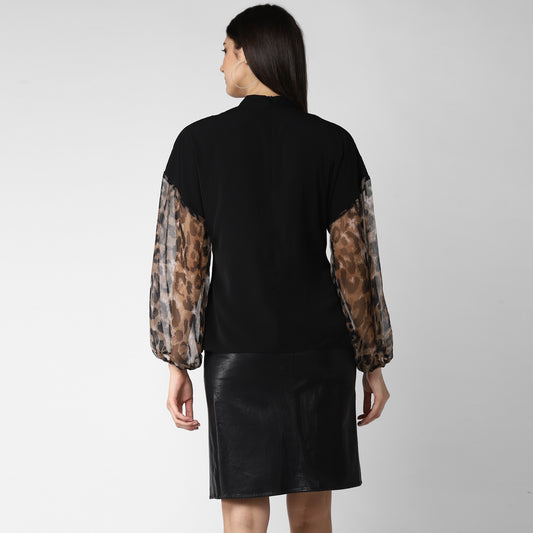 Women's Black top with Animal Print Sleeve