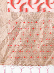 Elegant Beige & Coral Linen Saree with Zari Border and Abstract Pattern – Premium Festive & Office Wear