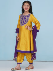 Solid Three-Fourth Sleeves Above Knee Length Silk Kurta & Salwar With Dupatta - Yellow