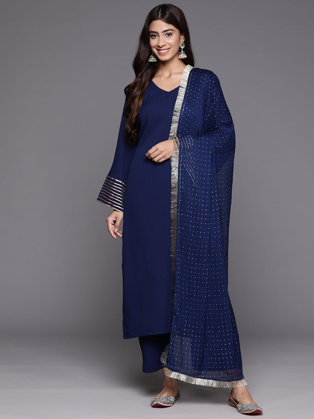 Women Navy Blue Solid V-Neck  Embellished With Gota Straight Kurta Paired With Tonal Bottom And Dupatta