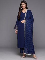 Women Navy Blue Solid V-Neck  Embellished With Gota Straight Kurta Paired With Tonal Bottom And Dupatta
