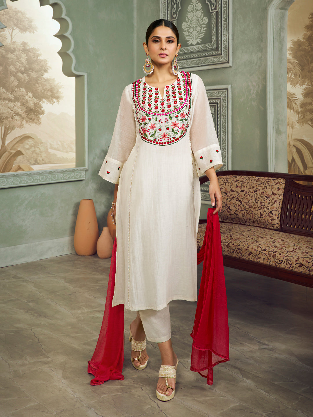 Off White Embroidered Yoke Straight Kurta Set With Dupatta.