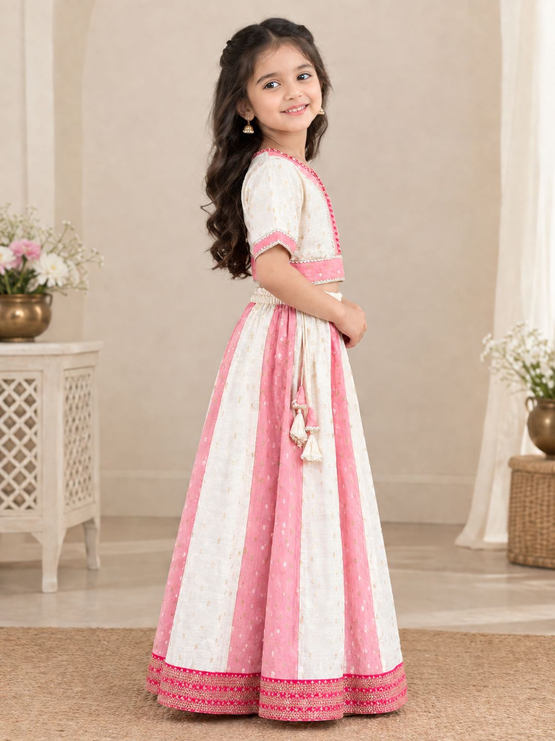 Girls Off White & Green Woven Design Embroidered Patti Lehenga, Choli, Dupatta