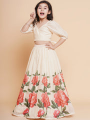 Girls Purple & Pink Digital Flower Print Lace work Choli Lehenga with Dupatta