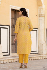Women Yellow V Neck Thread Embroidered Kurta Paired With Printed Bottom And Dupatta