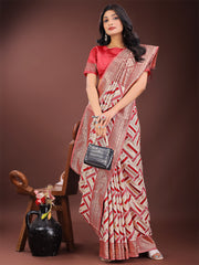 Elegant Pink & Cream Linen Saree with Geometric Design and Zari Border – Festive & Party Wear