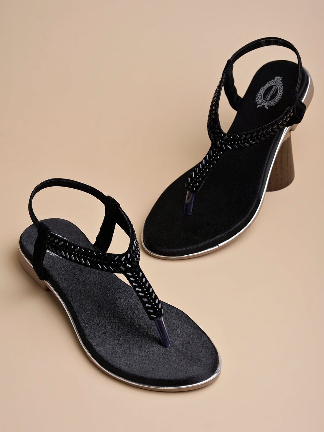 Shoetopia - Embellished Black Flat Sandals For Women & Girls