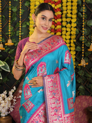 Traditional Red Art Silk Temple Border Festive Wedding Wear Saree