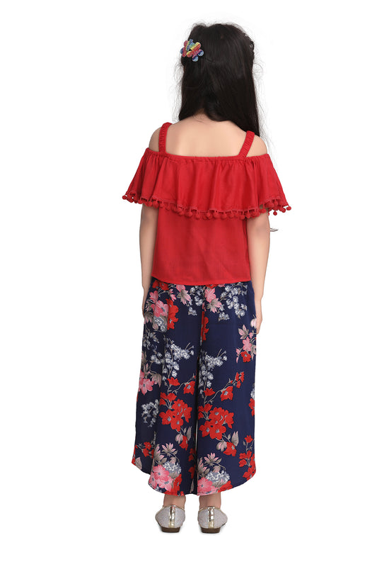 Girls Red Top and Floral 3/4th Pants Set