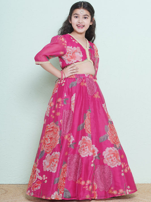 Girls Pink & Green Multi Printededed Ready to wear Lehenga & Choli with Dupatta