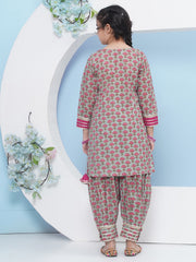 cotton Woven Three-Quarter Sleeves Floral Print A Line Kurta And Salwar With Dupatta Set - Green