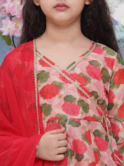 Girls Red Floral Printed Angrakha Kurta with Sharara with dupatta